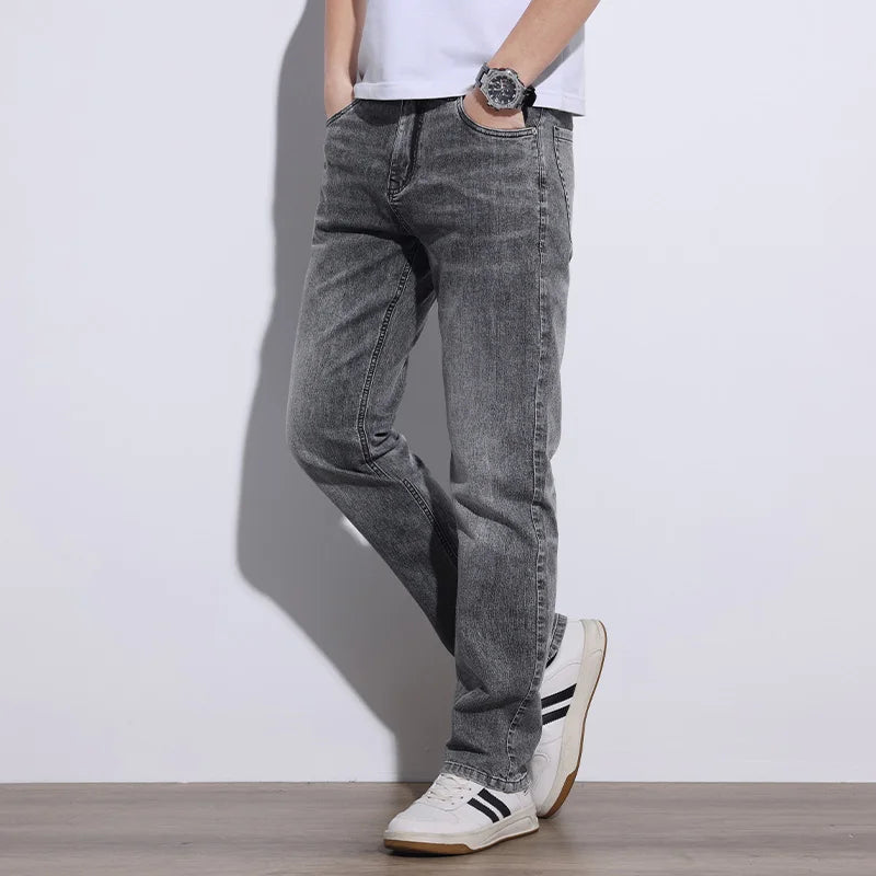KSTUN 2025 Spring Summer Jeans For Men Slim Straight Gray Light Blue Stretch Jeans Regular Fit Denim Pants Mens Clothing Cowboys