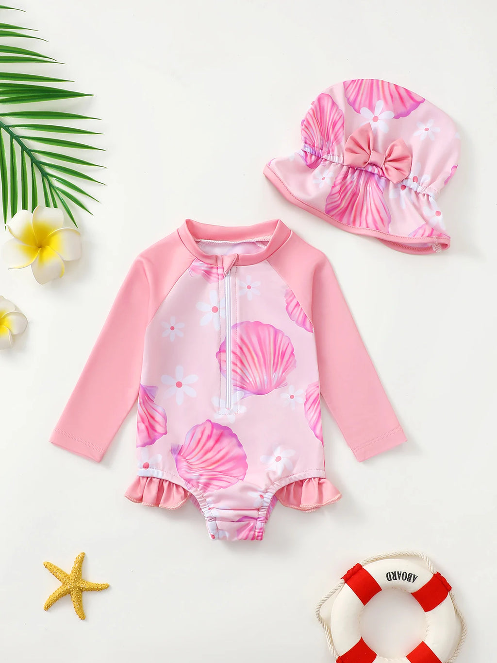 Baby Girl Turtle Print Long Sleeve Onesie Swimsuit with Wood Grain Ruffle Hat Matching Ensemble for Infants And Toddlers