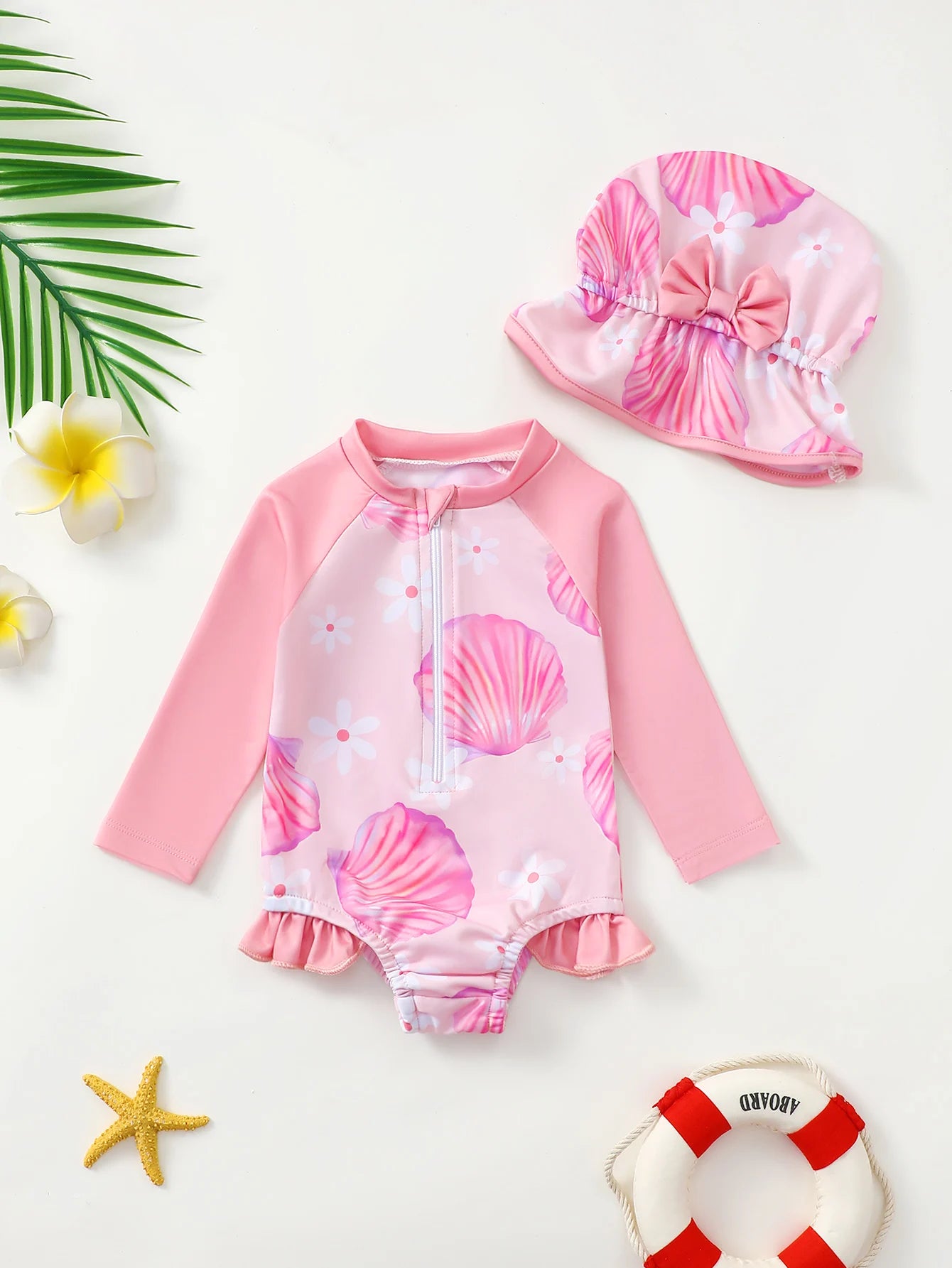 Baby Girl Turtle Print Long Sleeve Onesie Swimsuit with Wood Grain Ruffle Hat Matching Ensemble for Infants And Toddlers