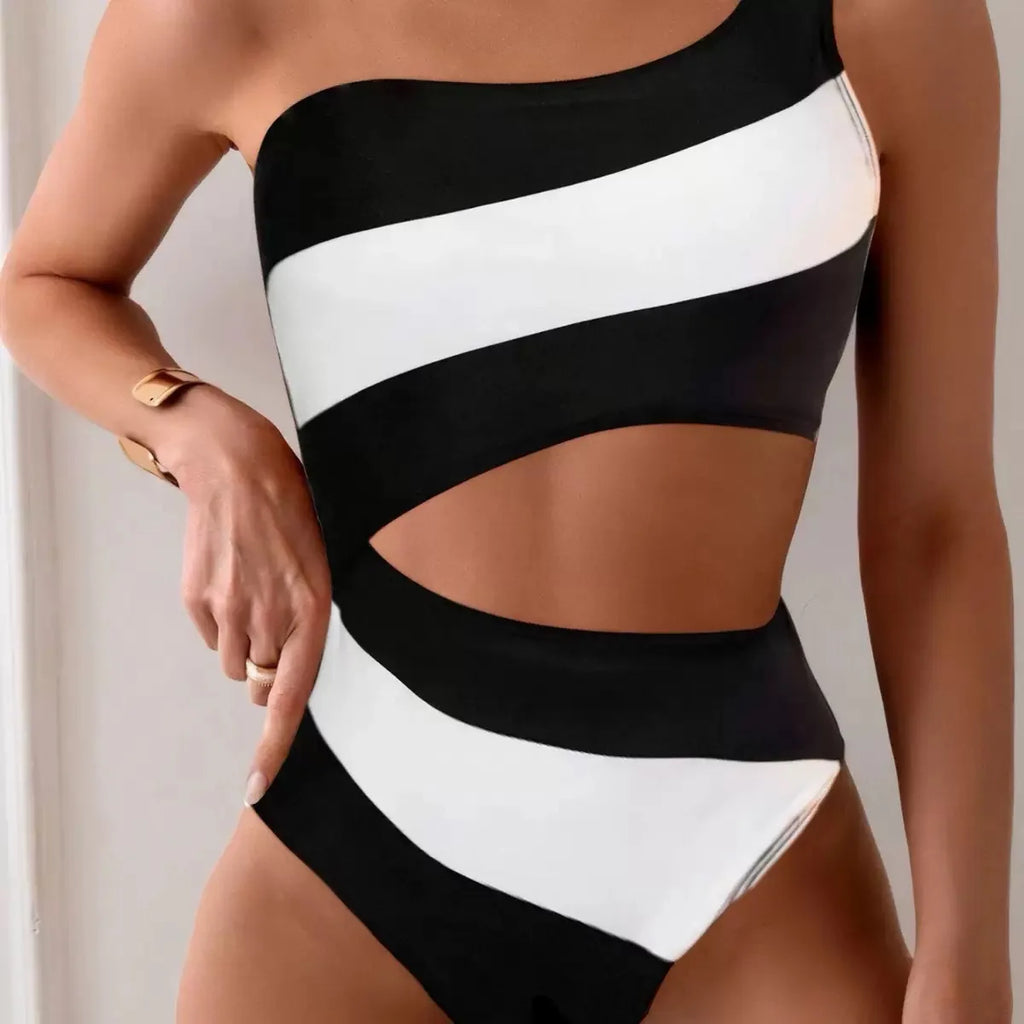 Cikini One-Piece Swimsuit With Colorblock Hollow-Out One Shoulder Neckline Summer Beach Swimwear Bathing Suit For Women