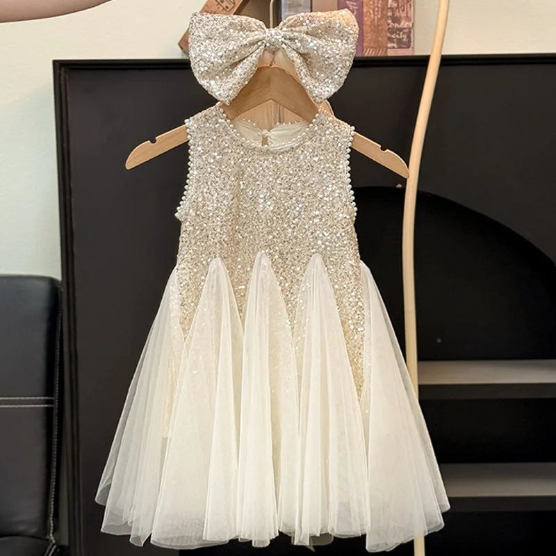 Girls Elegant Sequined Horn Skirt New Kid Party Dresses Baby Fashion Mesh Round Collar Sleeveless Skirt Western-style Vest Dress