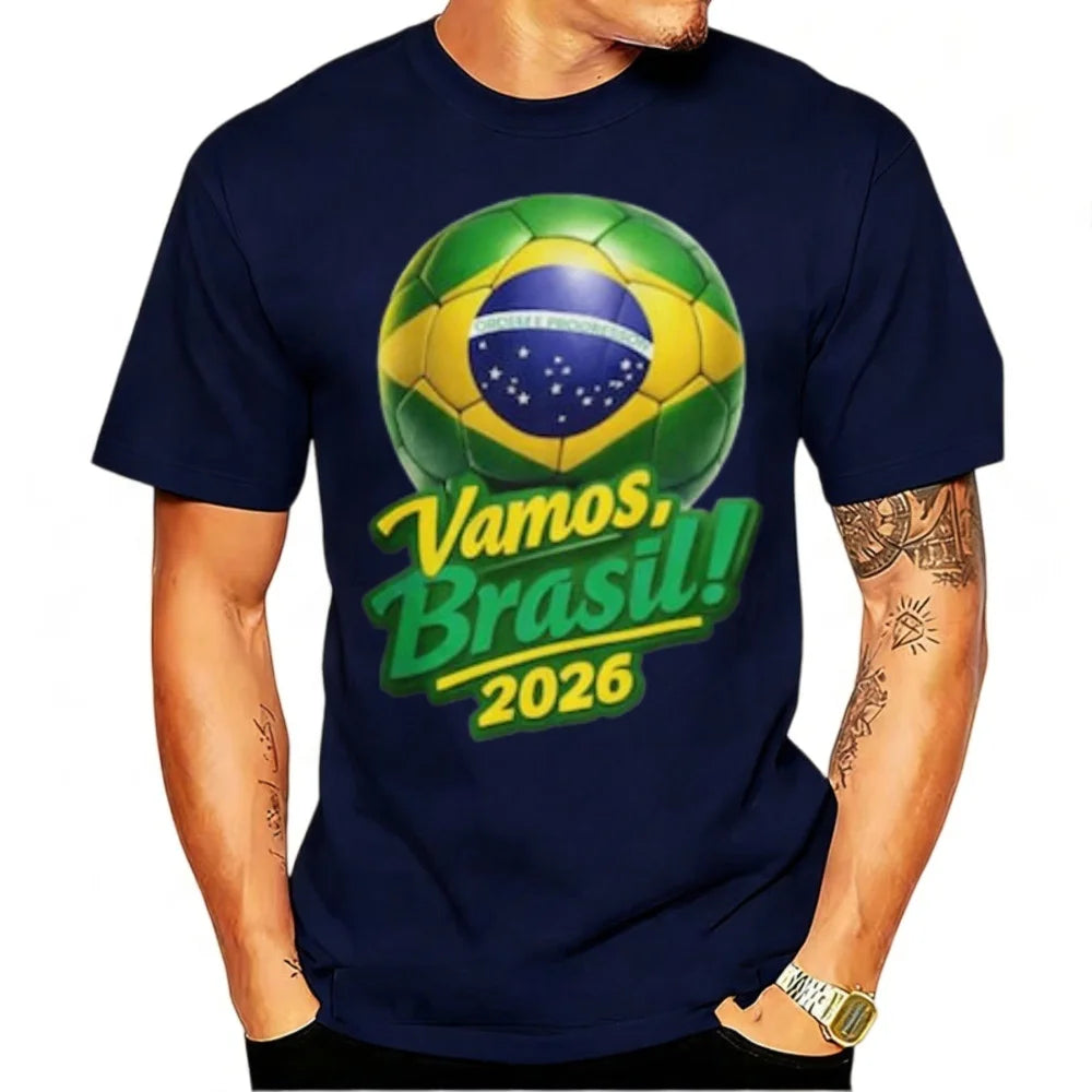 Go Brazil 2026 T-shirt with Brazilian Flag Graphic Football Gift for National Team Fans for Men Casual Soft Cotton T-Shirts