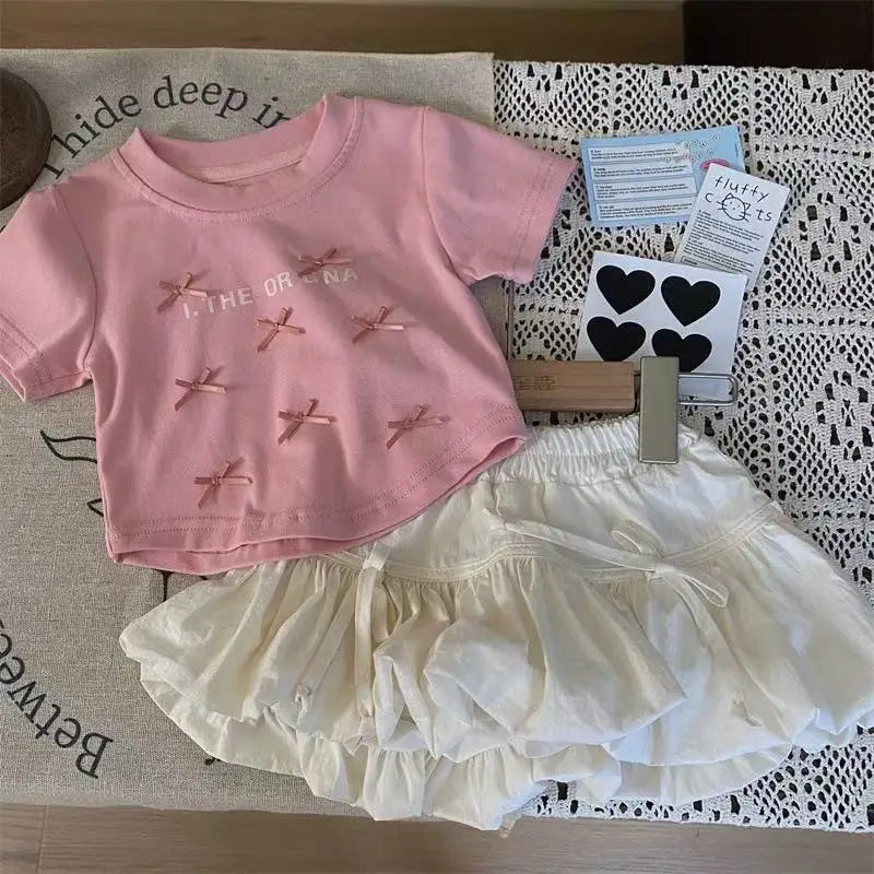 Girl's Sweet 2Pcs Set Summer Children Infants Kids Baby Ballet Princess Bow Top T-shirt+Flower Bud Skirt Suits