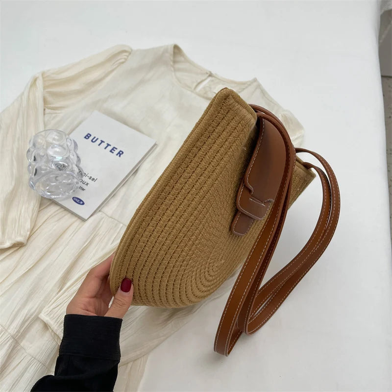 Large Capacity Beach Shopping Bag Luxury Design Woven Shoulder Bag Women Handmade Cotton Thread Woven Handbag Summer Travel Bag