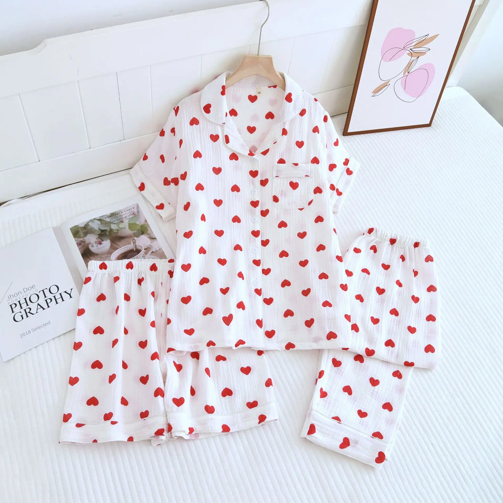 100% Cotton Pajamas Women 3Pcs Set Lounge Sleepwear Suit Spring Summer Floral Print Home Clothes Short Sleeve Sleeping Pijama