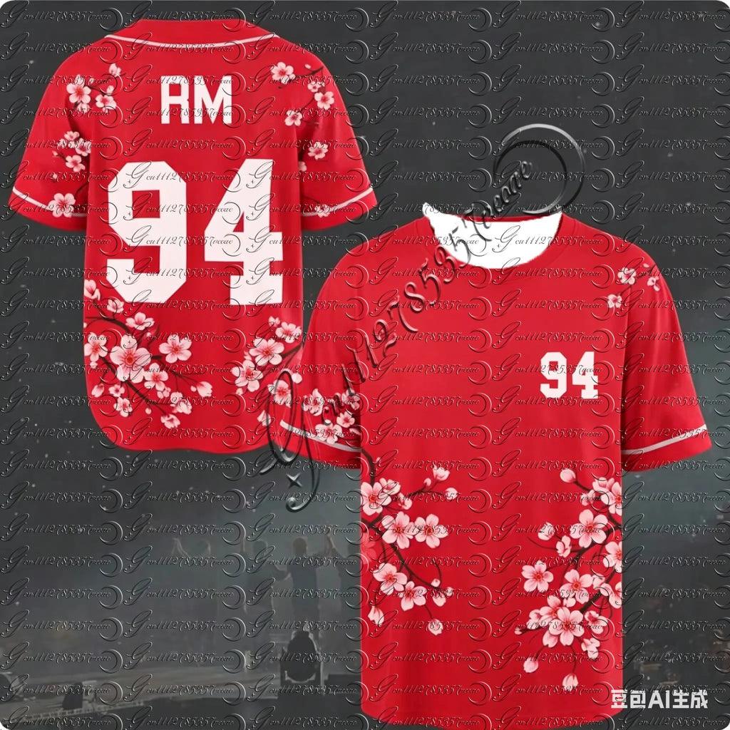 J-HOPE 94 Cherry Blossom Baseball Jersey, Floral Print Short Sleeve Shirt, Kpop Fans Casual Streetwear Tops for Kids&Youth