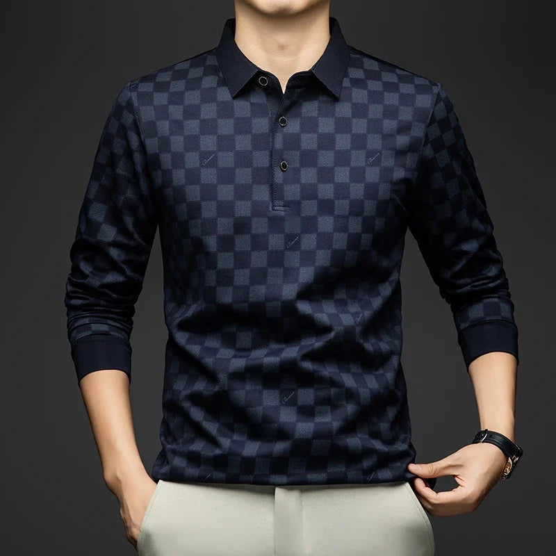 BROWON Polo Shirts for Man Autumn Business Slim Fit Long Sleeve T Shirt Men 2026 New Casual Loose Pullover Plaid Men Tops & Tees