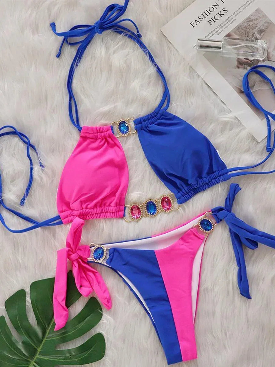 2026 Splicing Halter Diamond Bikini Women Swimsuit Female Swimwear Two Pieces Bikini Set Hollow Out Bathing Suit Swim Beach Wear