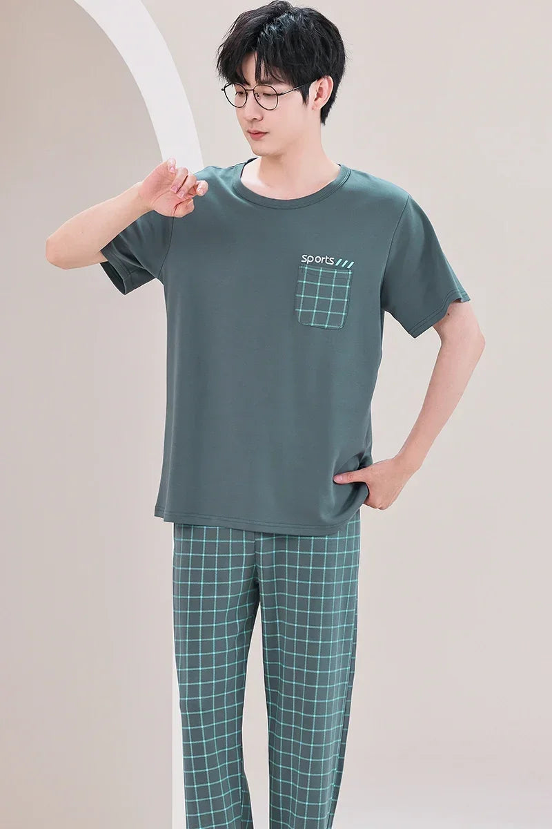 SUKAE Mens Plus Size L-5XL Homewear Summer Cotton Short Sleeve Full Pants Pajamas Set for Man Leisure Sleepwear Trendy Nightwear