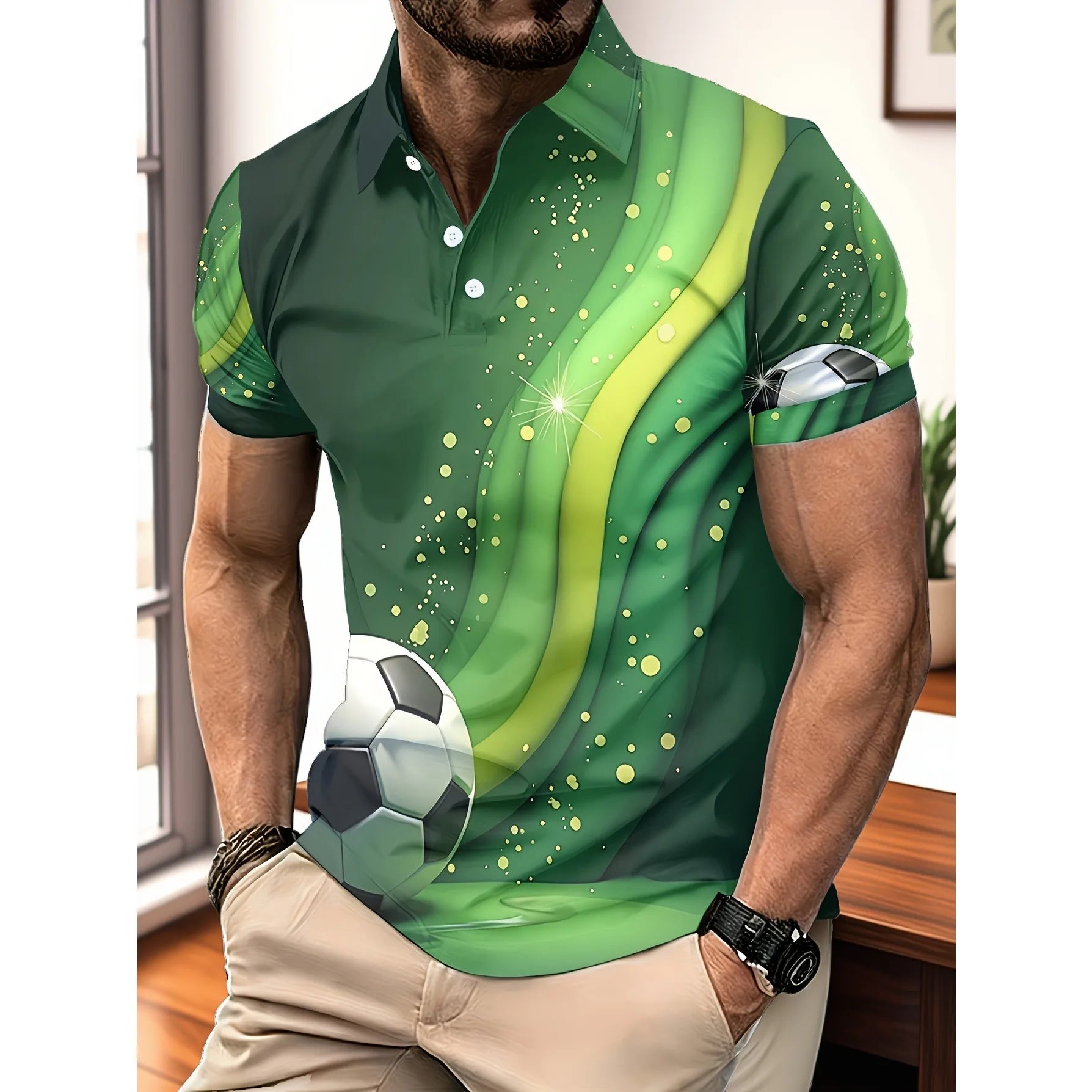 Brazil Themed Men's Polo Shirt with Green and Yellow Gradient Football Print Short Sleeved Summer Fan Sports Top