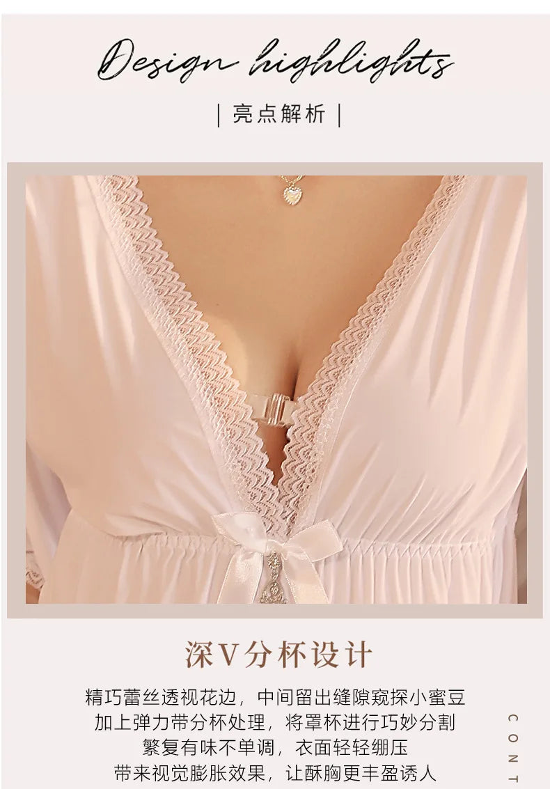 Fdfklak M-3XL Women’s Nightgowns Sexy Lace Deep V Neck Sleepshirt Mesh Short Sleeve Summer Nightdress Female Nightwear Dress