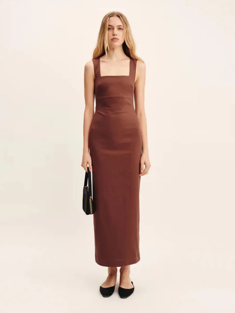 Wolfeel Cotton Linen Square Neck Suspender Dress Women's Solid Color Fashion Slim Fit Long Dress Summer New Women's Clothing