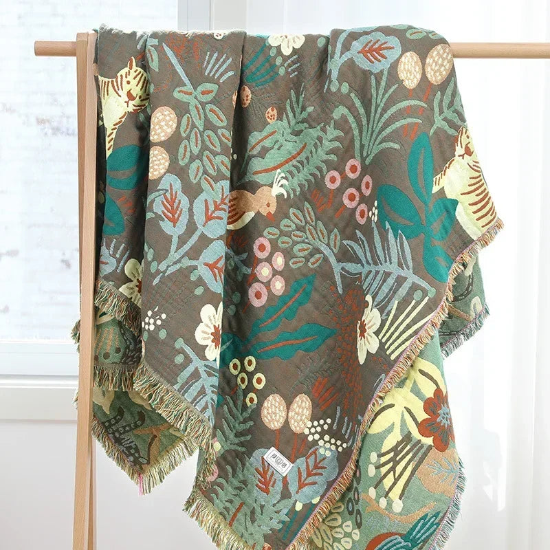 Nordic Throw Blanket Forest Animal Cartoon Sofa Towel Cotton Gauze Towel Quilt Air Conditioner Blanket 150X200cm Soft Bedspread