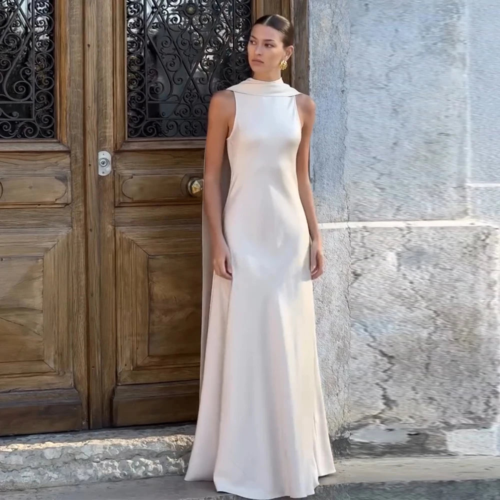 Saudi Arabian Dresses for Special Occasions Satin Mermaid Evening Dress White O-Neck Trumpet Formal Dresses with Shawl