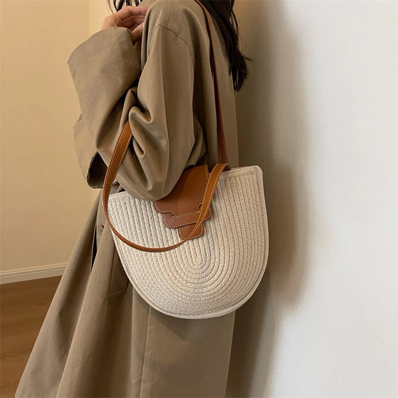 Large Capacity Beach Shopping Bag Luxury Design Woven Shoulder Bag Women Handmade Cotton Thread Woven Handbag Summer Travel Bag