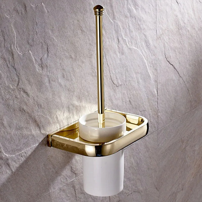 Luxury Shower Bathroom Accessories Set, Towel Ring, Paper Holder, Coat Hook, Toilet Brush, Polished Gold, Bath Hardware